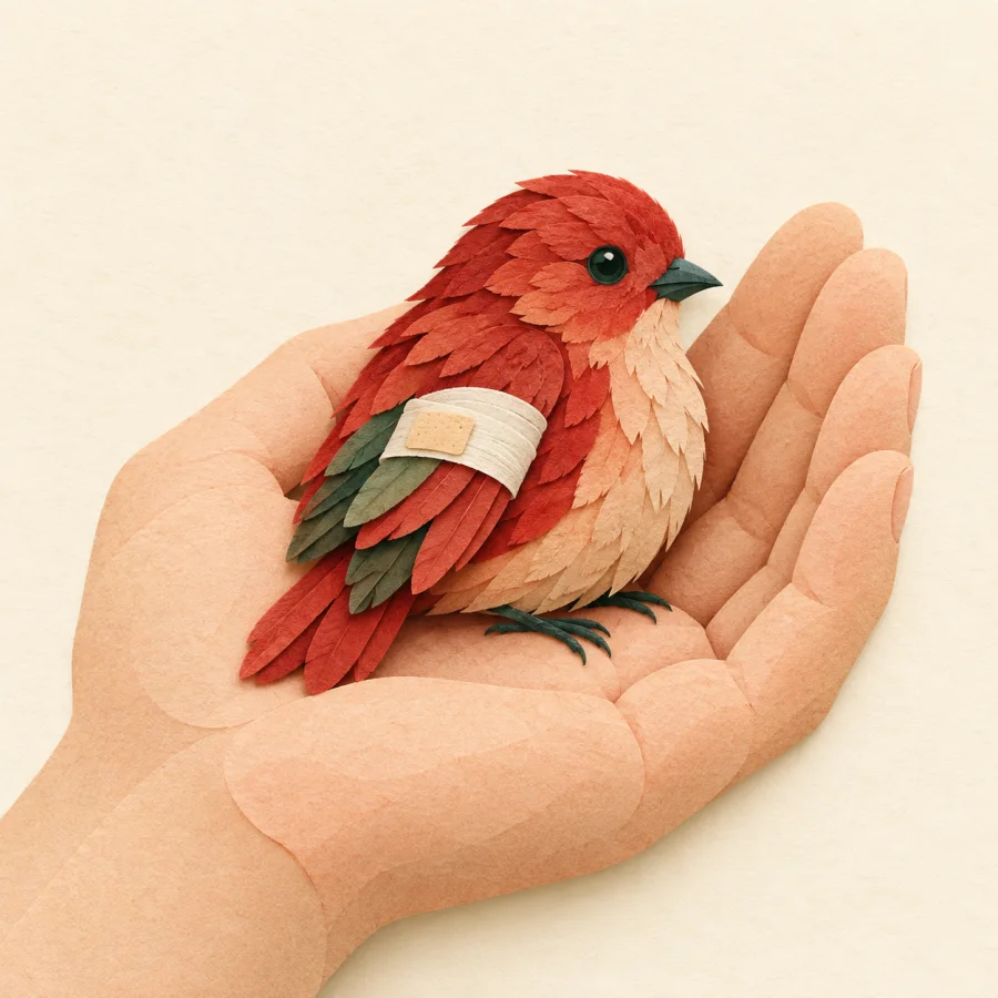 A person gently cradling a small bird on an open palm