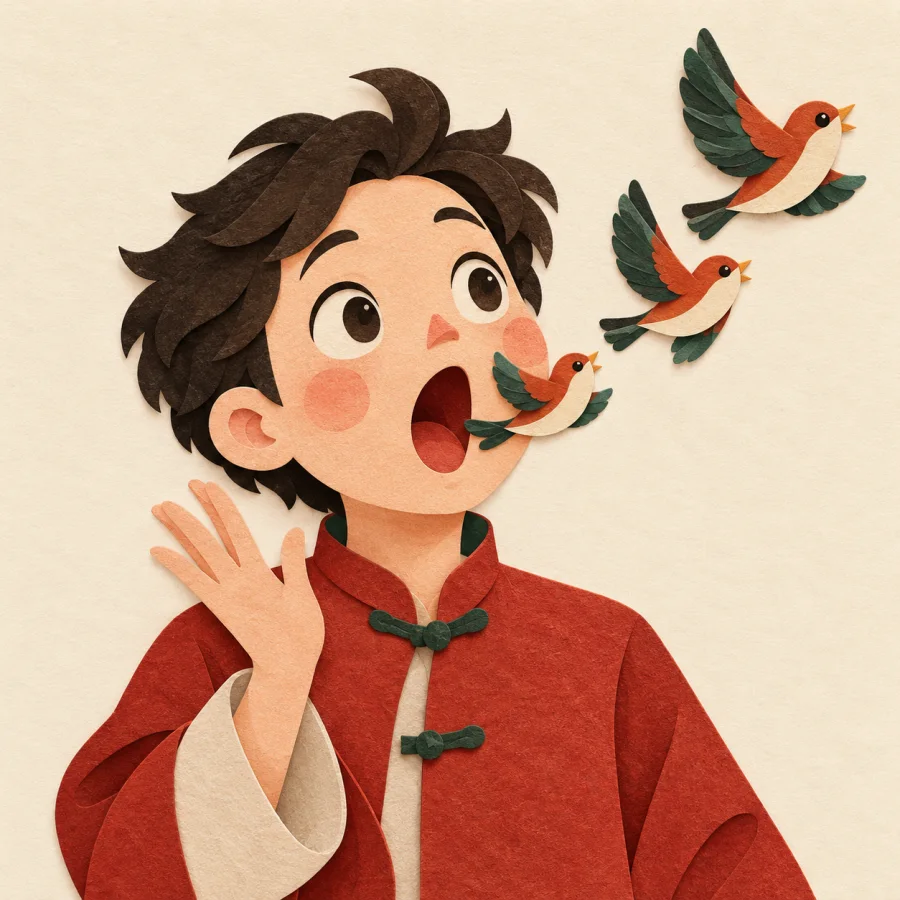 Small birds flying out of a person's open mouth