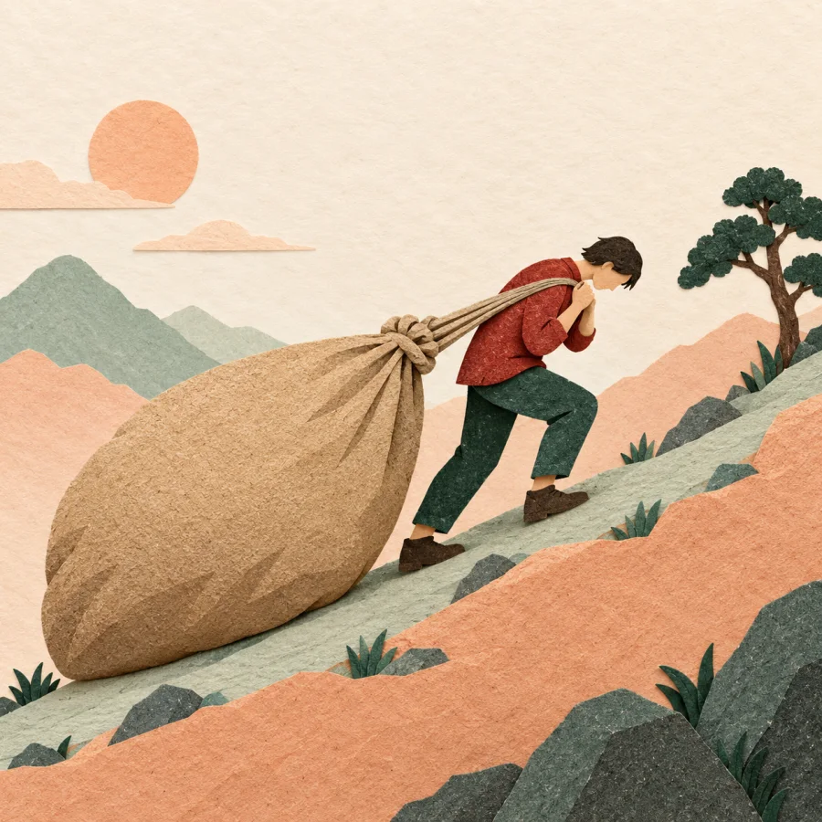 A tired person strains to drag a heavy sack that pulls them down