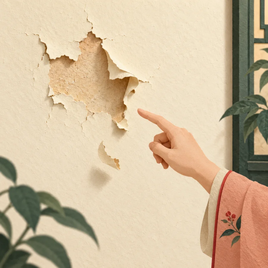 A patch of paint peels off an old wall