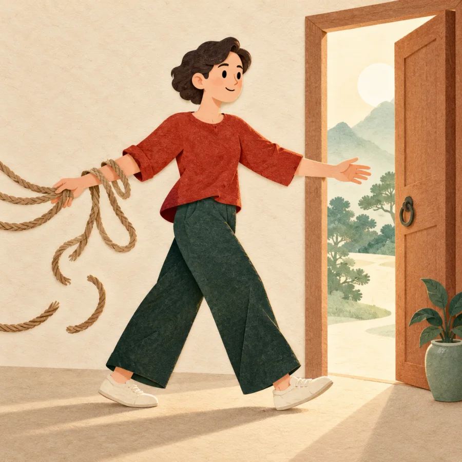 A person frees themselves from ropes and exits through a door