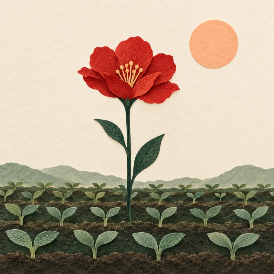 A tall seedling rises above rows of shorter seedlings