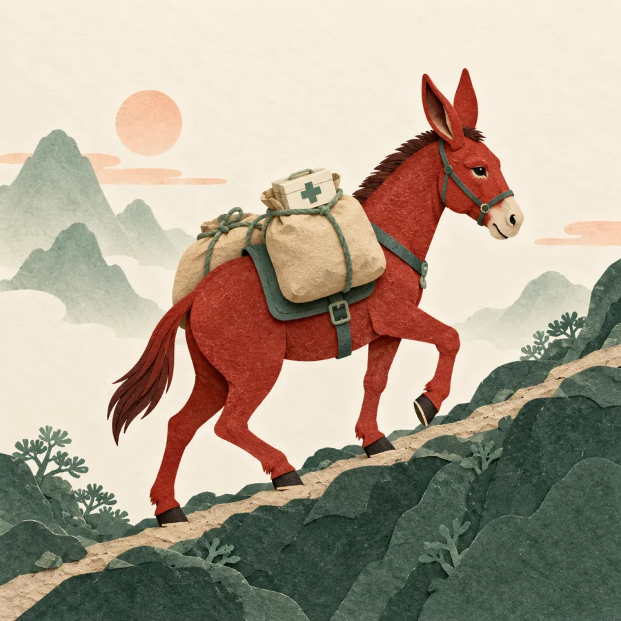 A mule carries sacks on its back along a narrow mountain path