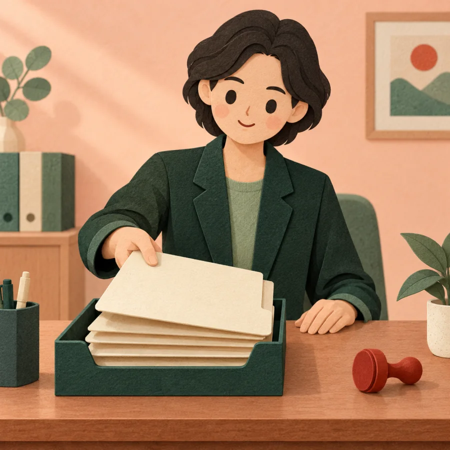 An office worker places a finished folder into a tray, looking satisfied