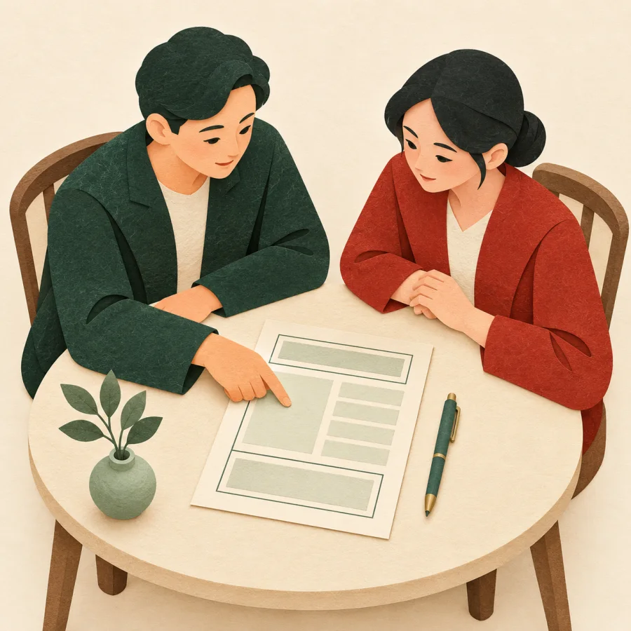 Two people carefully discuss a neatly drafted contract at a table