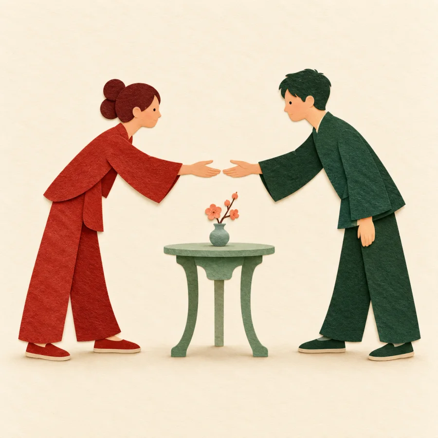 Two people reach their hands toward each other across a small table