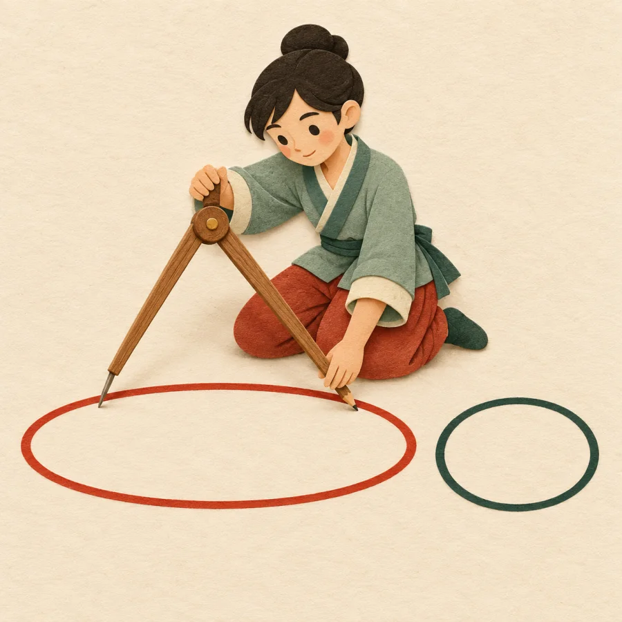 A person draws an oval next to a circle on paper.