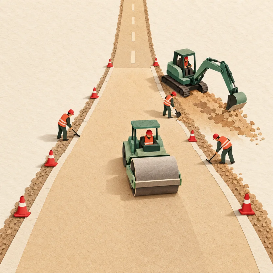 Workers widen a narrow road with an excavator and roller.