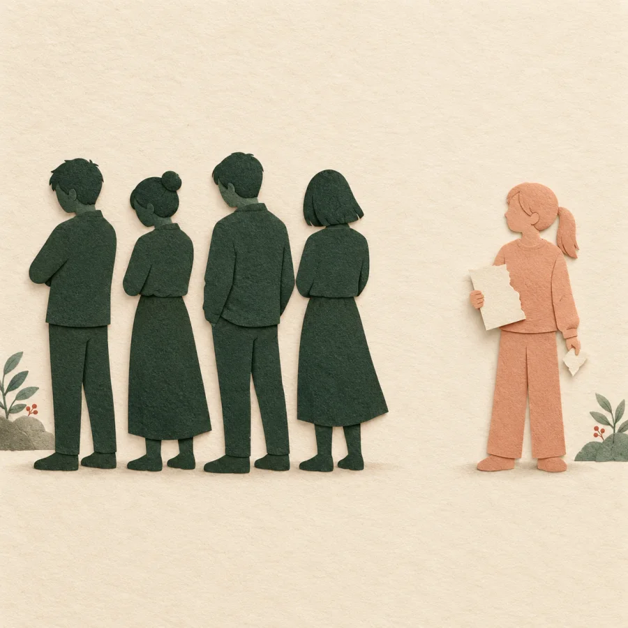A group of people turn their backs on a lone figure.