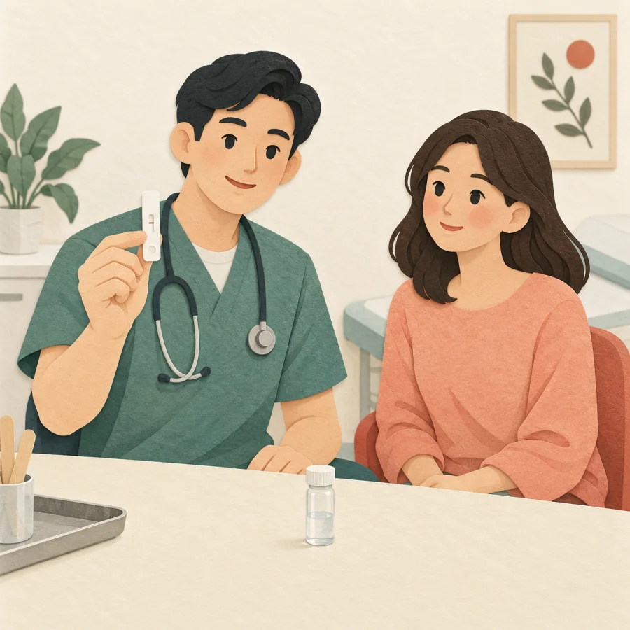 A doctor holds a test strip next to a patient at a clinic.