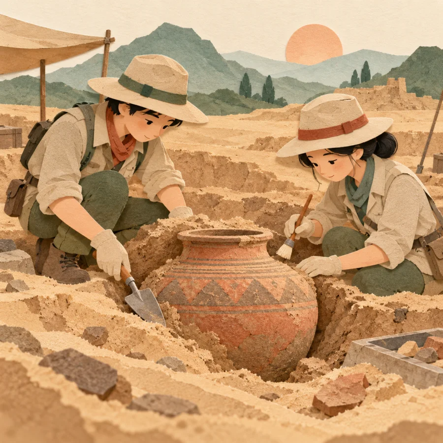 Archaeologists excavating ancient vessels at a dig site
