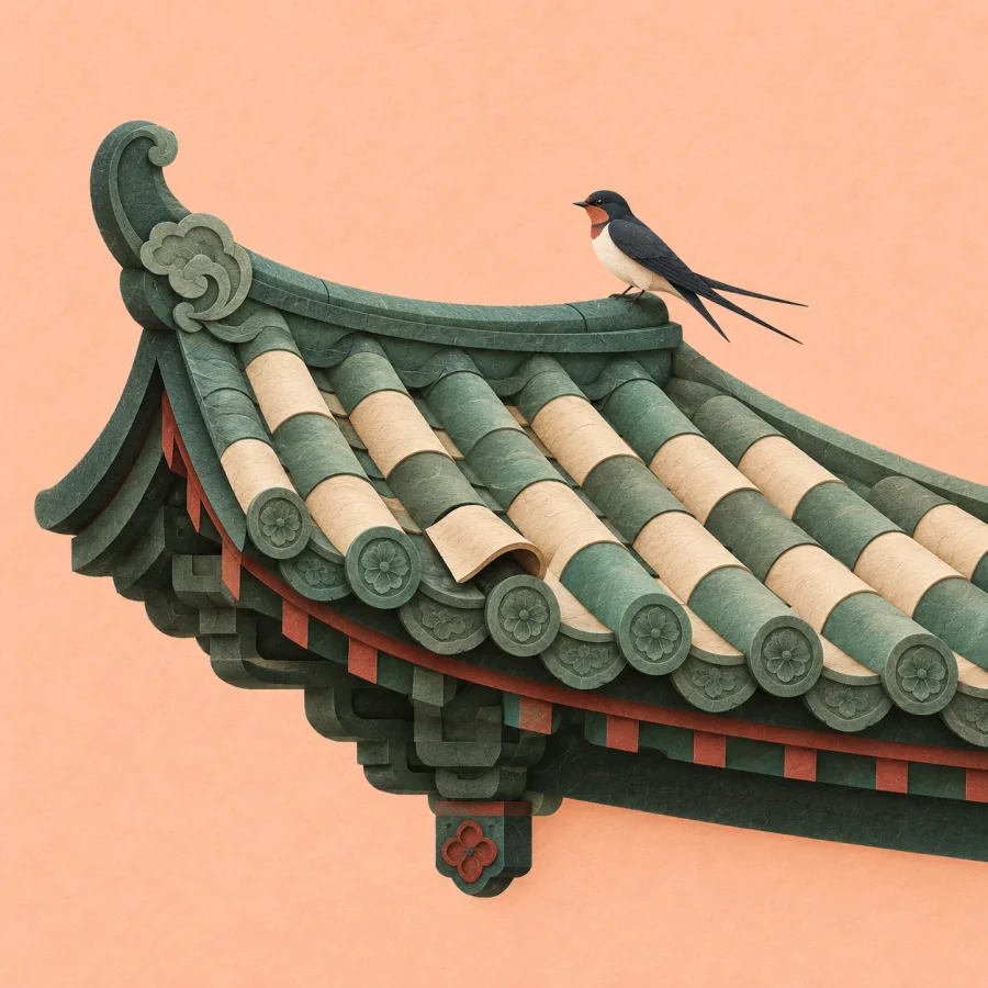 An old tiled roof with rows of clay tiles