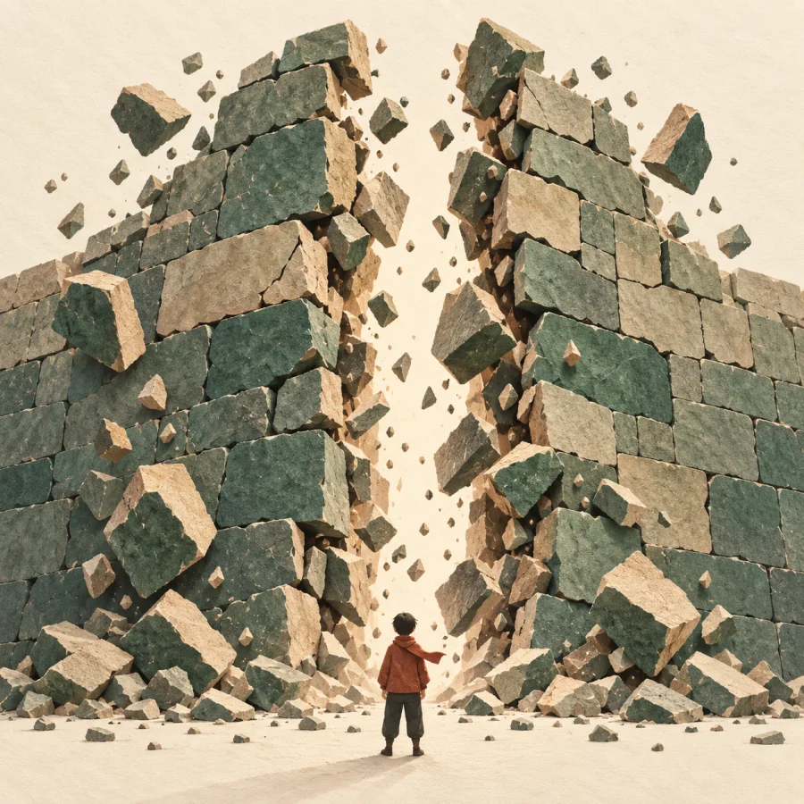A wall crumbling apart, stones falling down