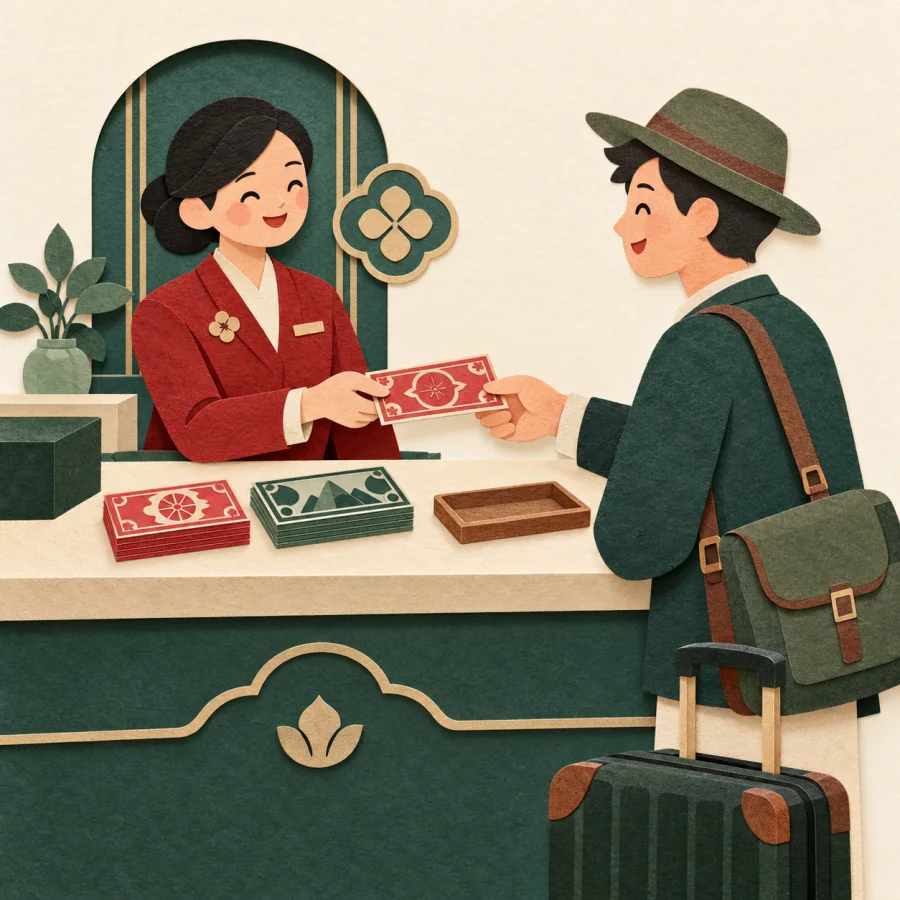 A bank teller exchanging foreign currency for a traveler