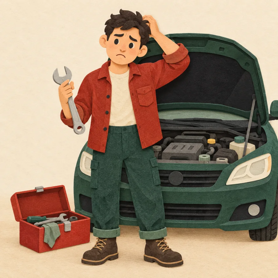 A puzzled amateur holding a wrench beside an open car engine