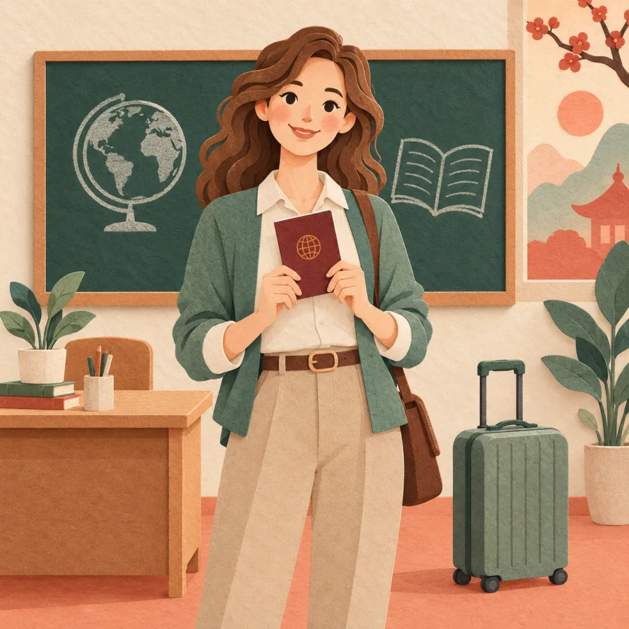 A foreign teacher with a passport booklet and a suitcase in a classroom