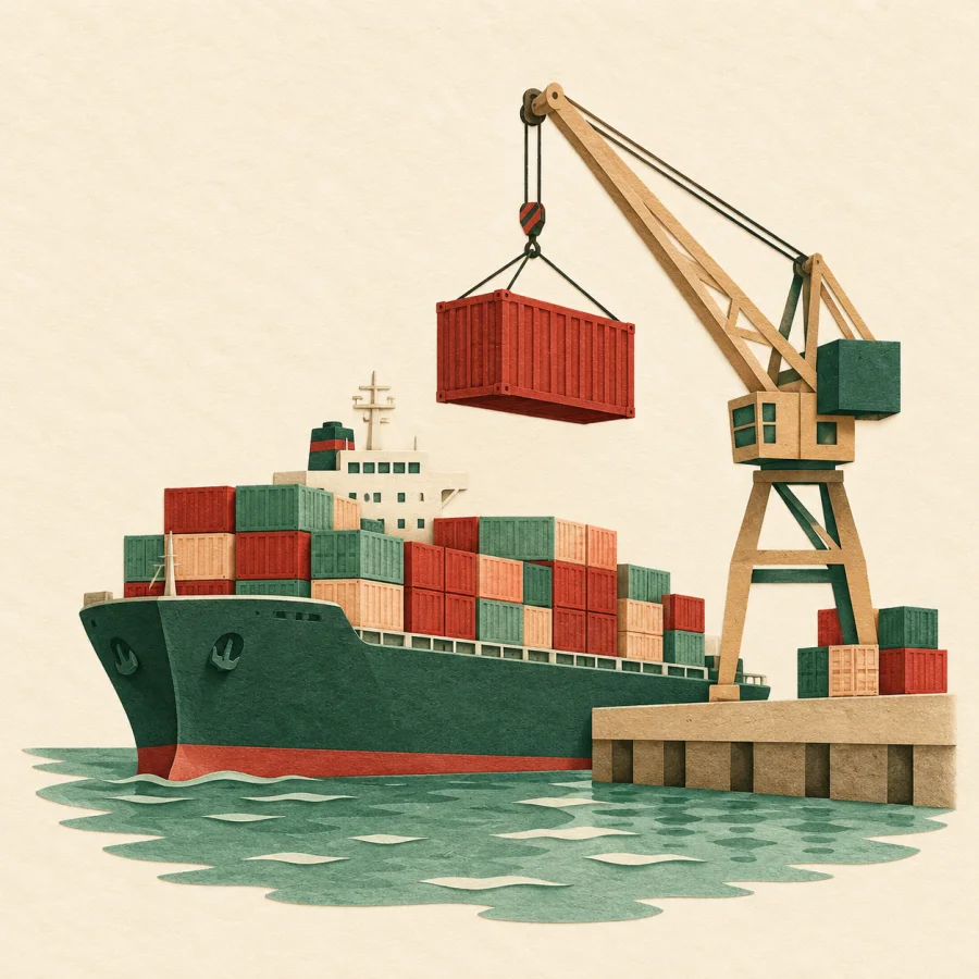 A container ship at a dock with a crane lifting a container