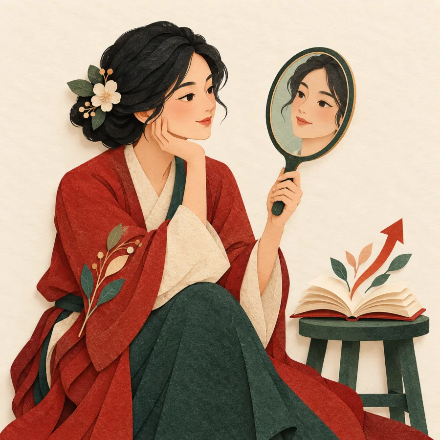 A person examines their face in a round mirror beside a book