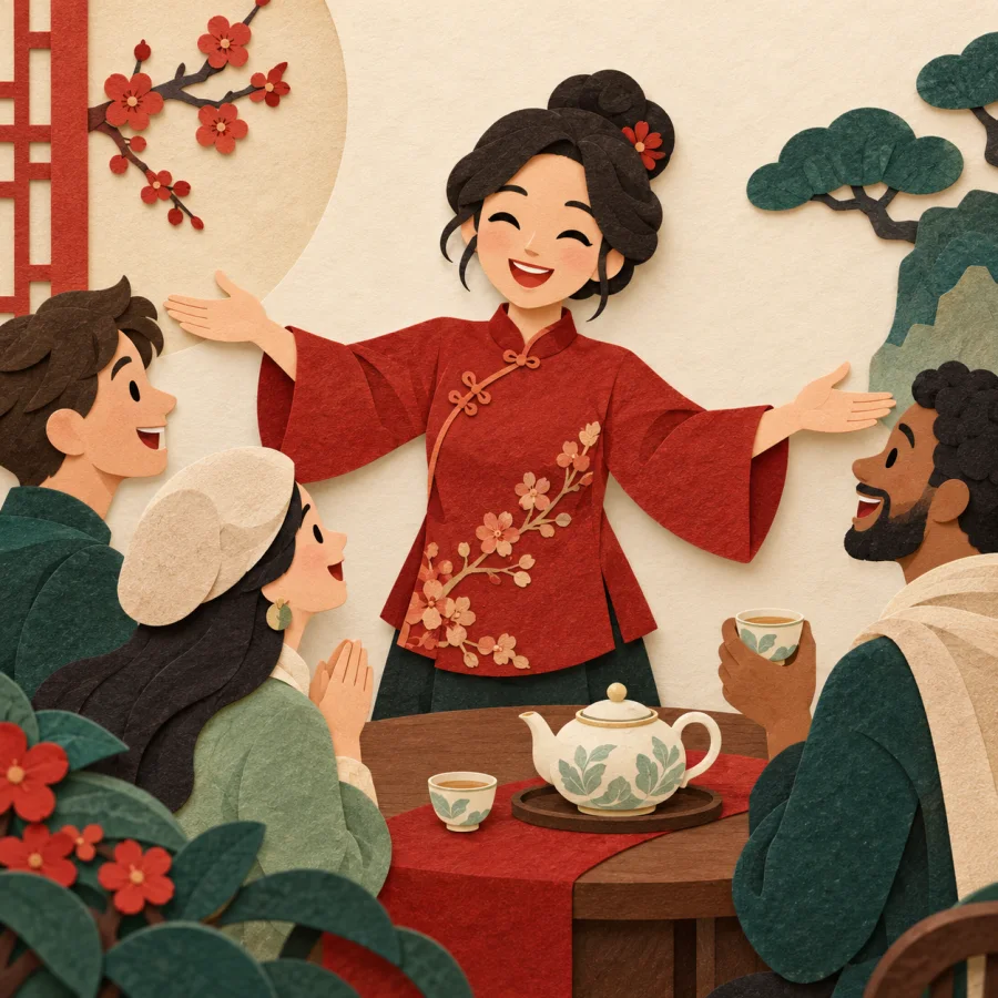 A cheerful person greets guests around a table with a teapot