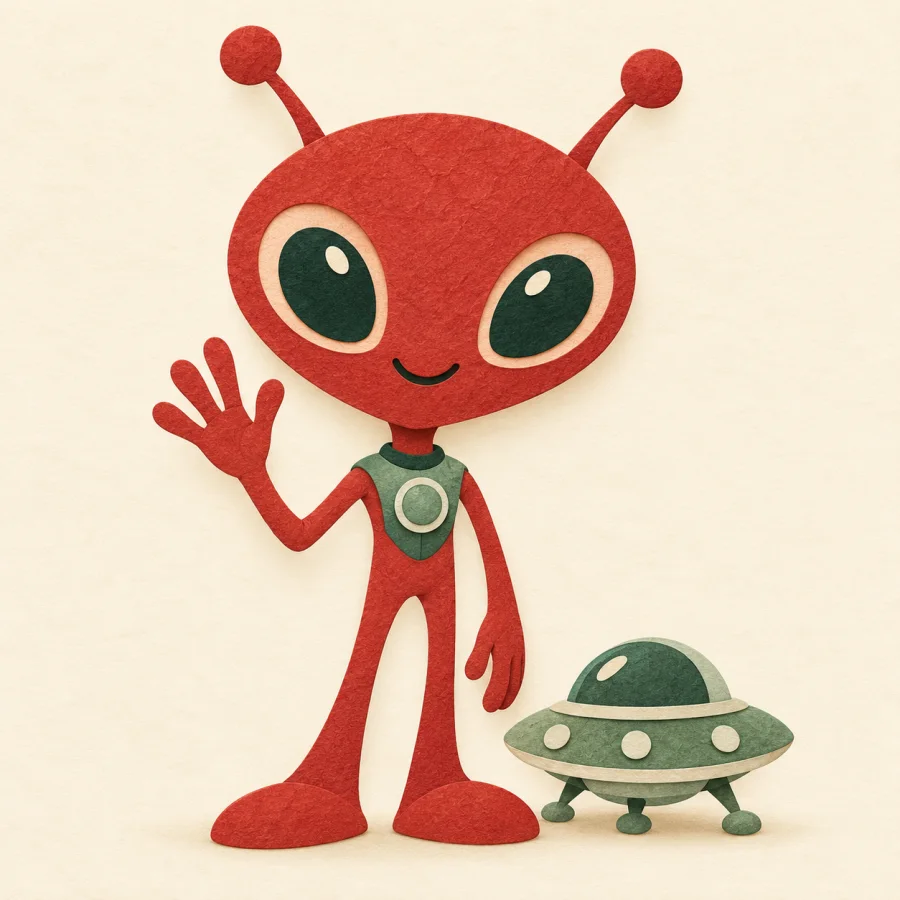 A red alien waving next to a small green spaceship