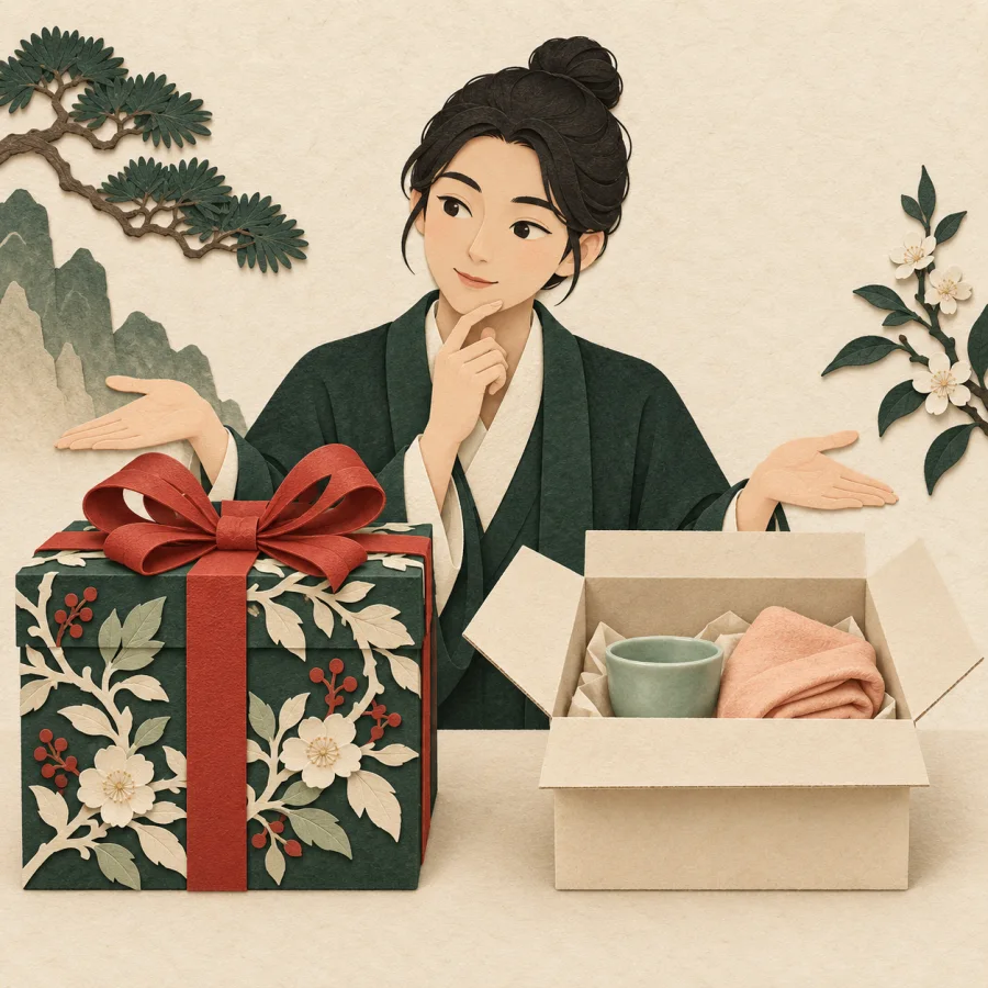 A person compares an ornate gift box with a plain open one