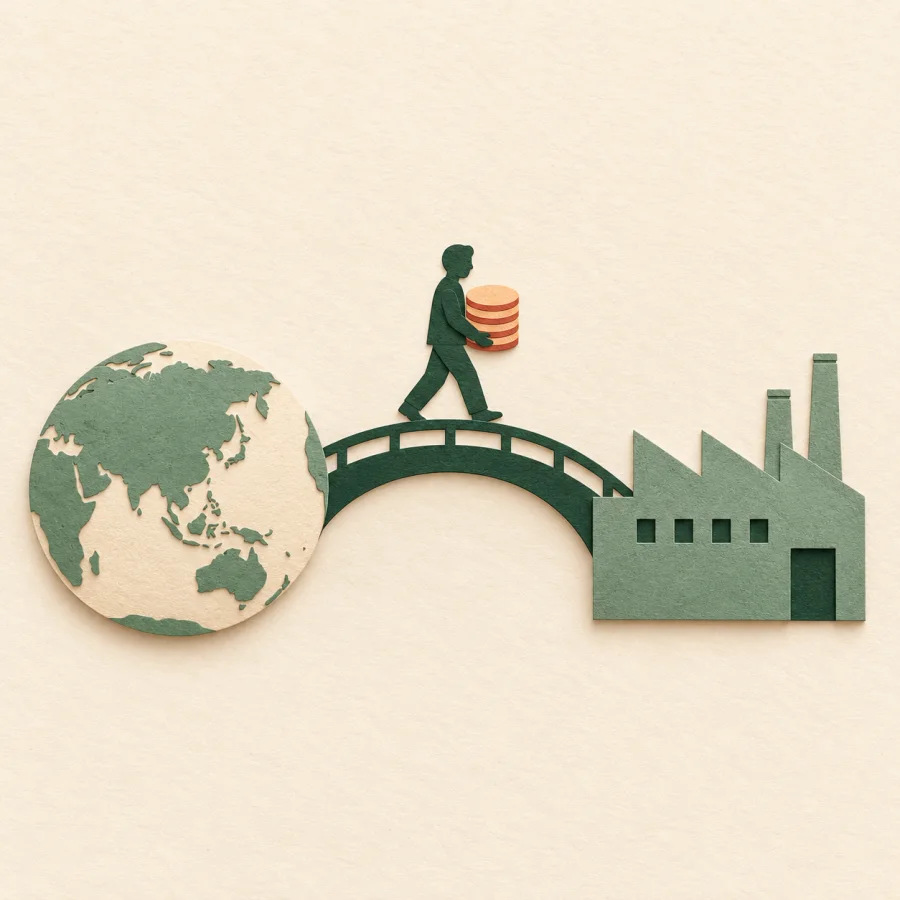 An investor passes coins across a bridge into a factory building