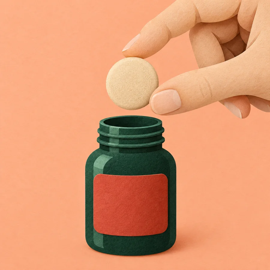 A hand holds a single round pill above a small medicine bottle
