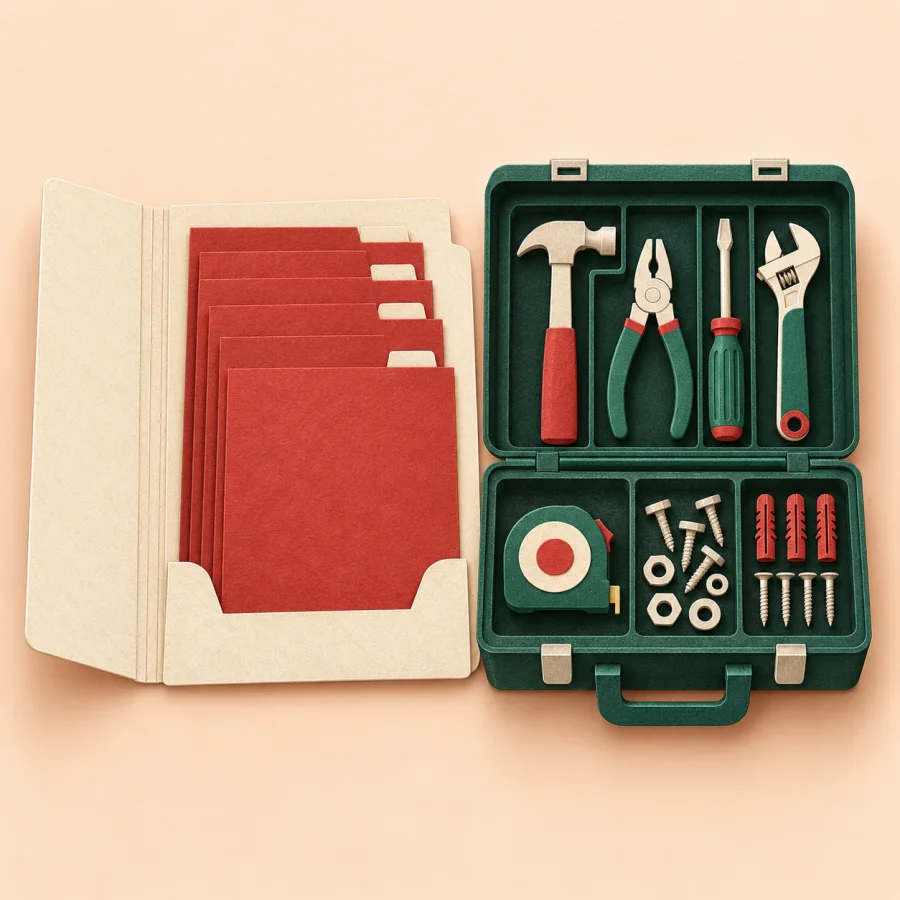 An open folder holding every complete set of documents beside a full toolbox