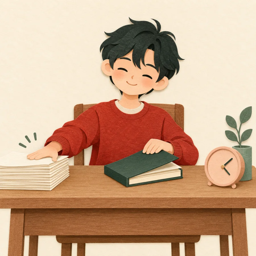 A relieved student closes the last book on a desk