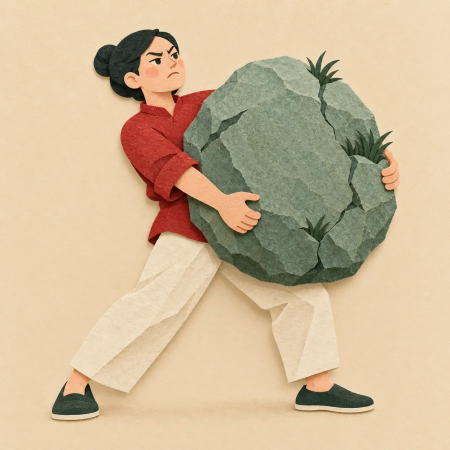A person stubbornly grips a big boulder and refuses to move