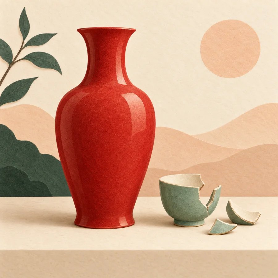 An intact red porcelain vase beside a shattered cup on a shelf