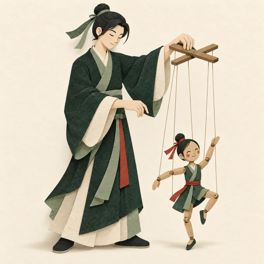 A person controls a marionette puppet with strings