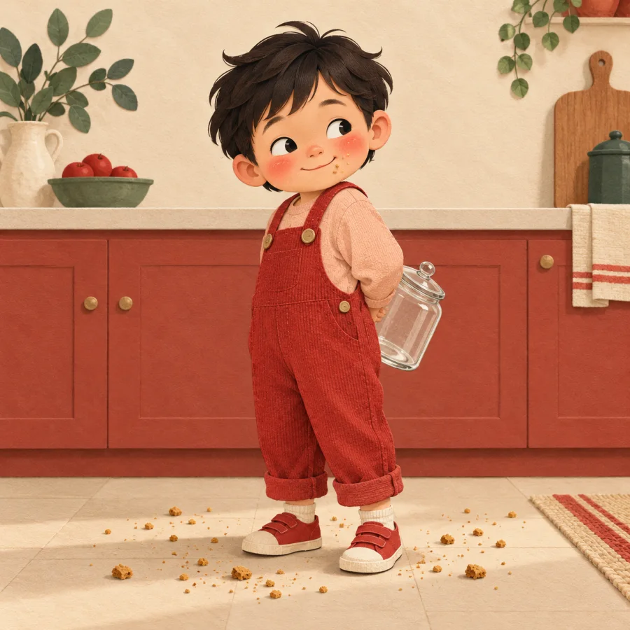 A naughty child hides an empty cookie jar behind their back