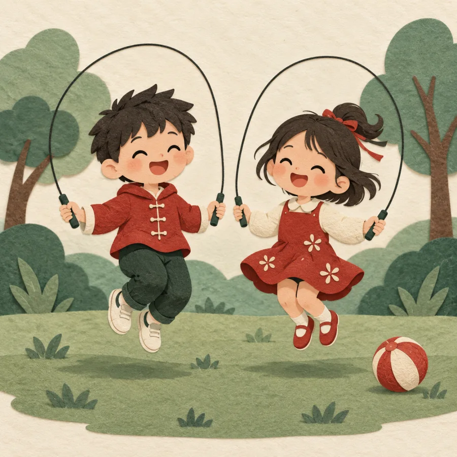 Two children are skipping rope in a park