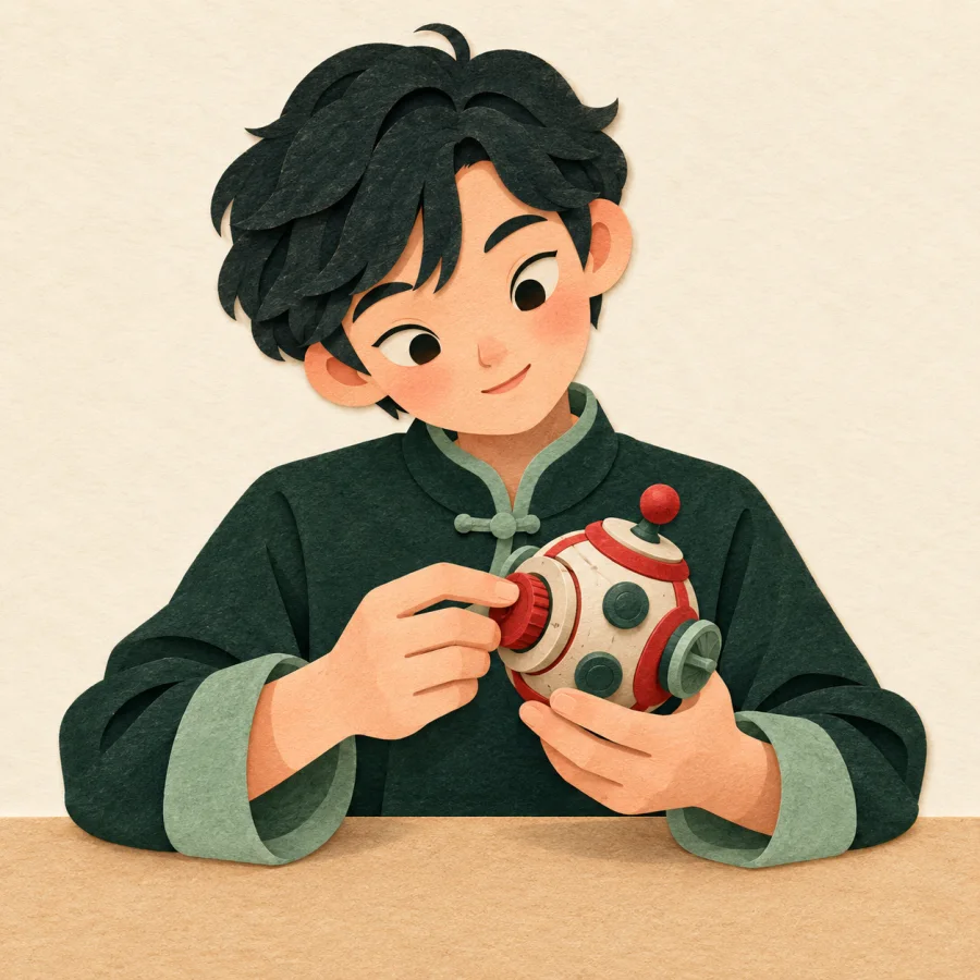 A person examines a curious little gadget with dials