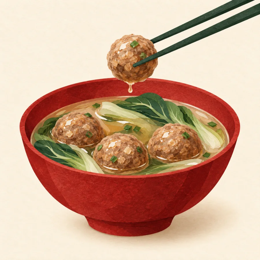 A deep red bowl of soup with three round meatballs and chopsticks
