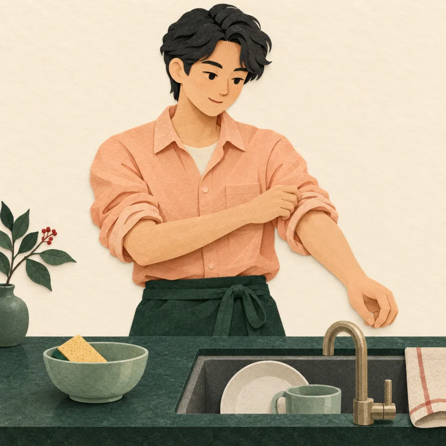 A person rolls up their sleeves before washing dishes at a counter