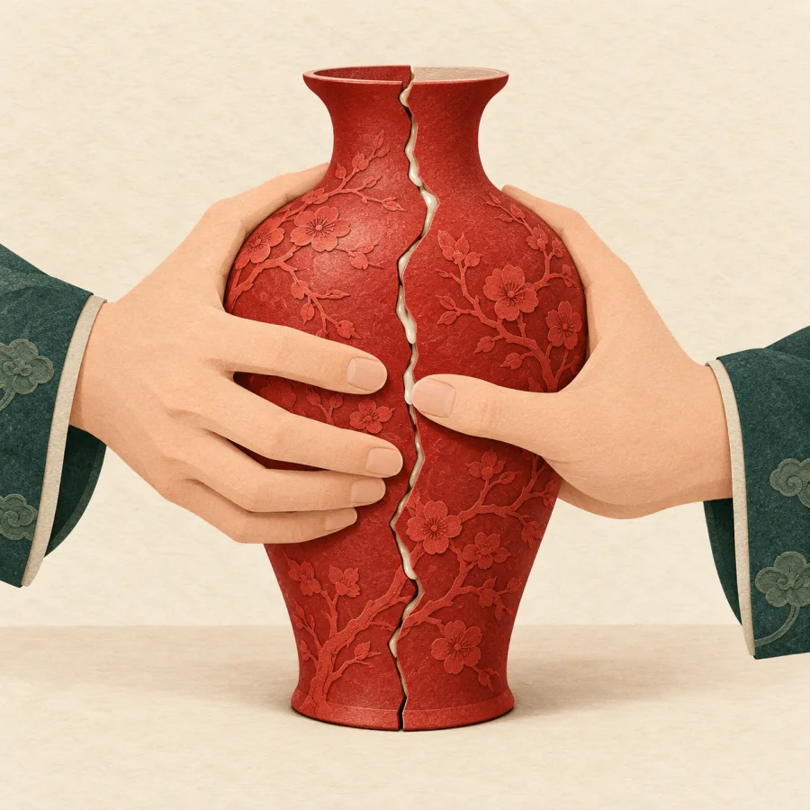 Hands glue a cracked red vase together on a cream table