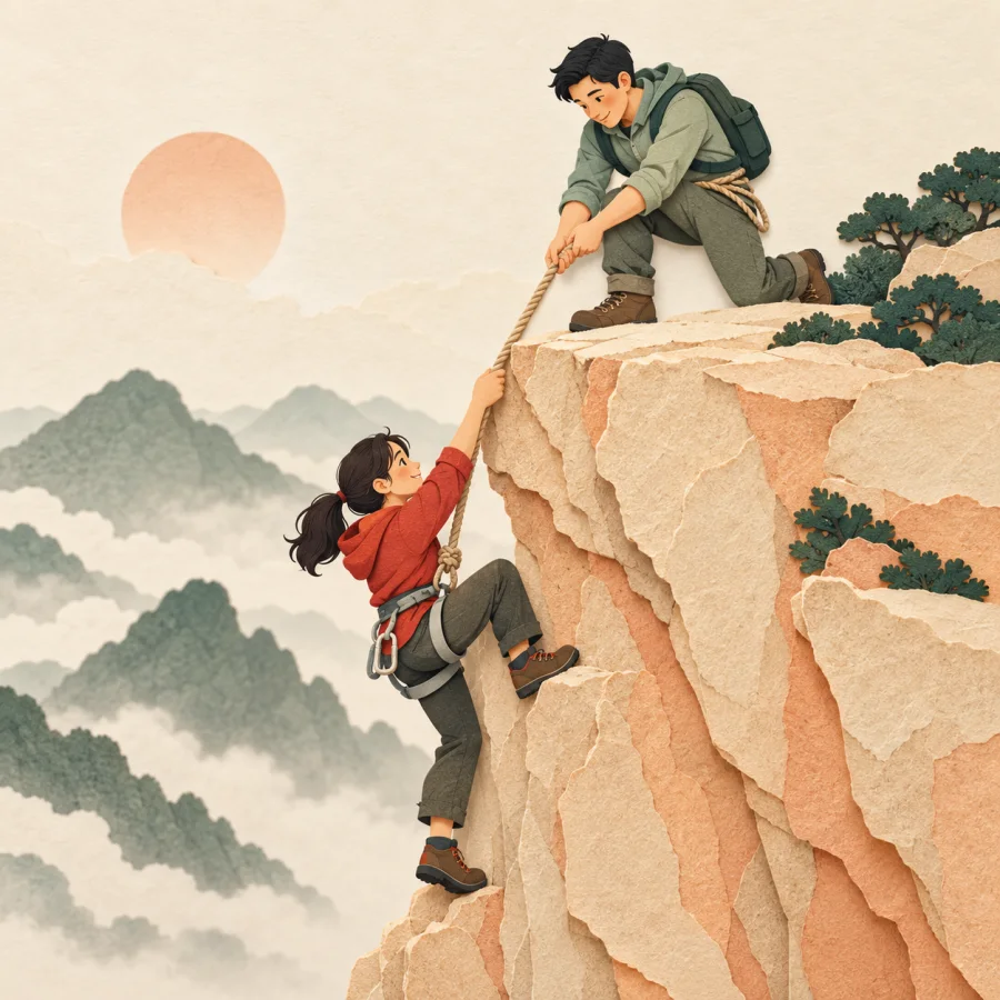 A rescuer pulls a climber up from a cliff edge with a rope