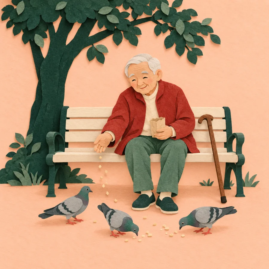 An elderly man feeds pigeons from a bench under a tree