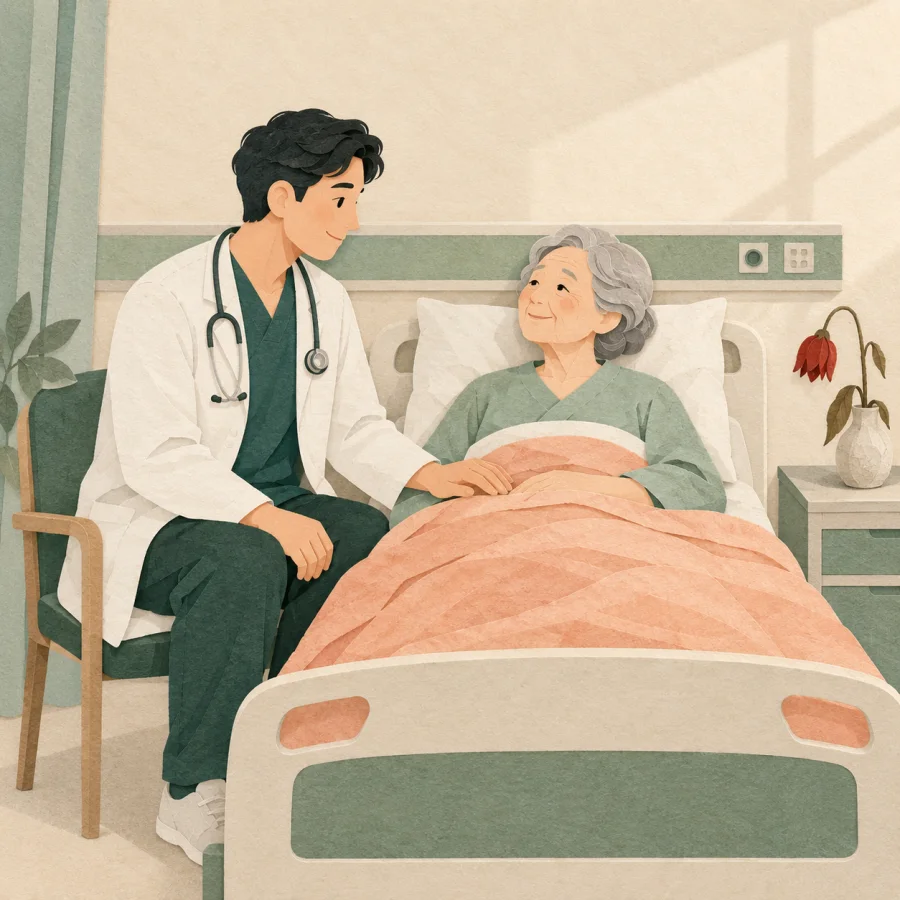 An elderly patient rests in a hospital bed beside a wilted flower vase