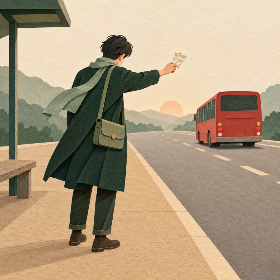 A person reaches out helplessly toward a departing red bus