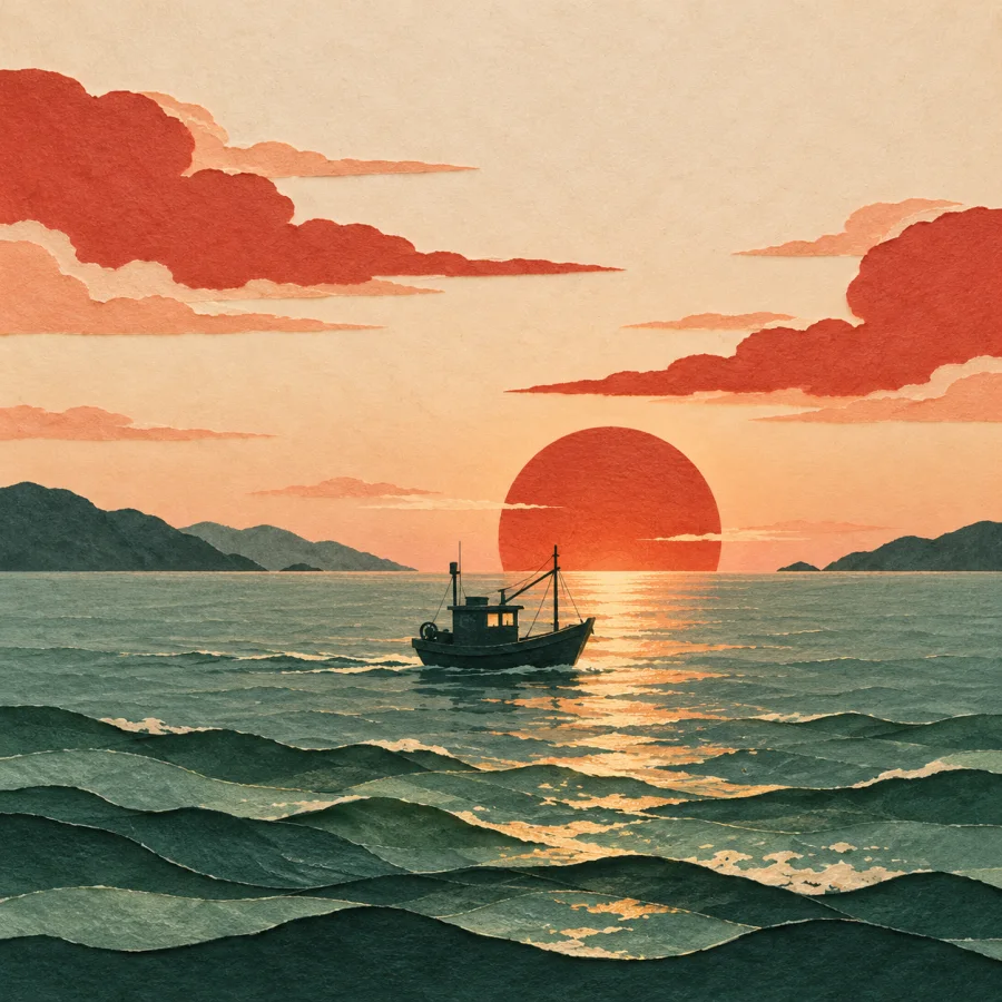 Red and peach sunset clouds glow over the sea with a small boat