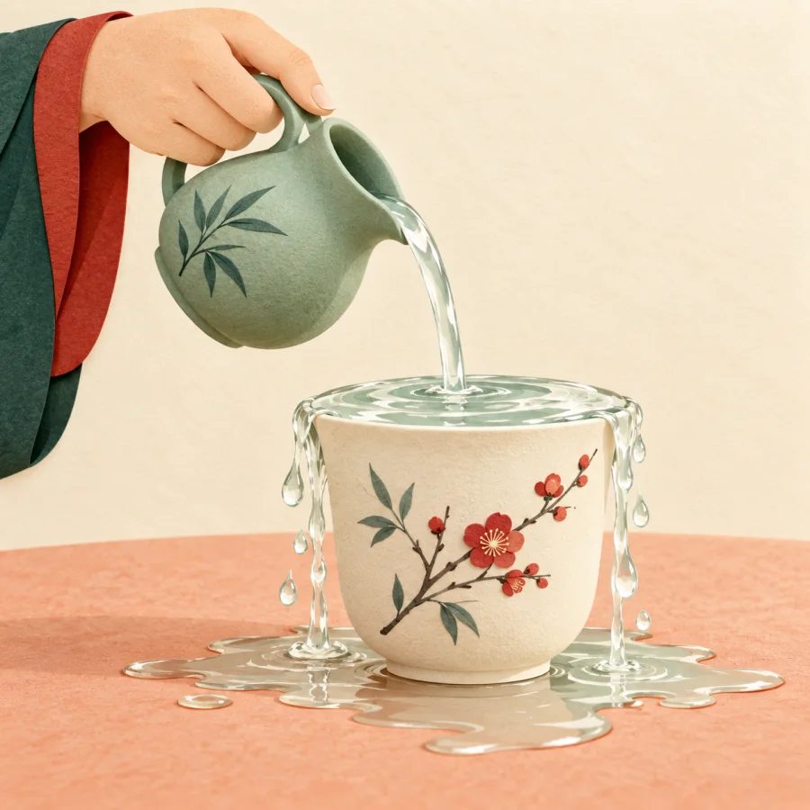 Water overflows from a cream cup filled to the very brim
