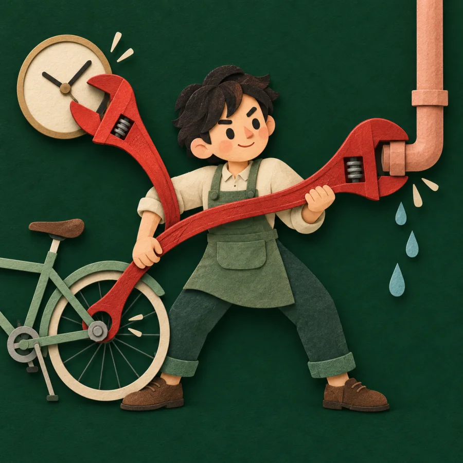A person repairs different objects with one oversized bending wrench