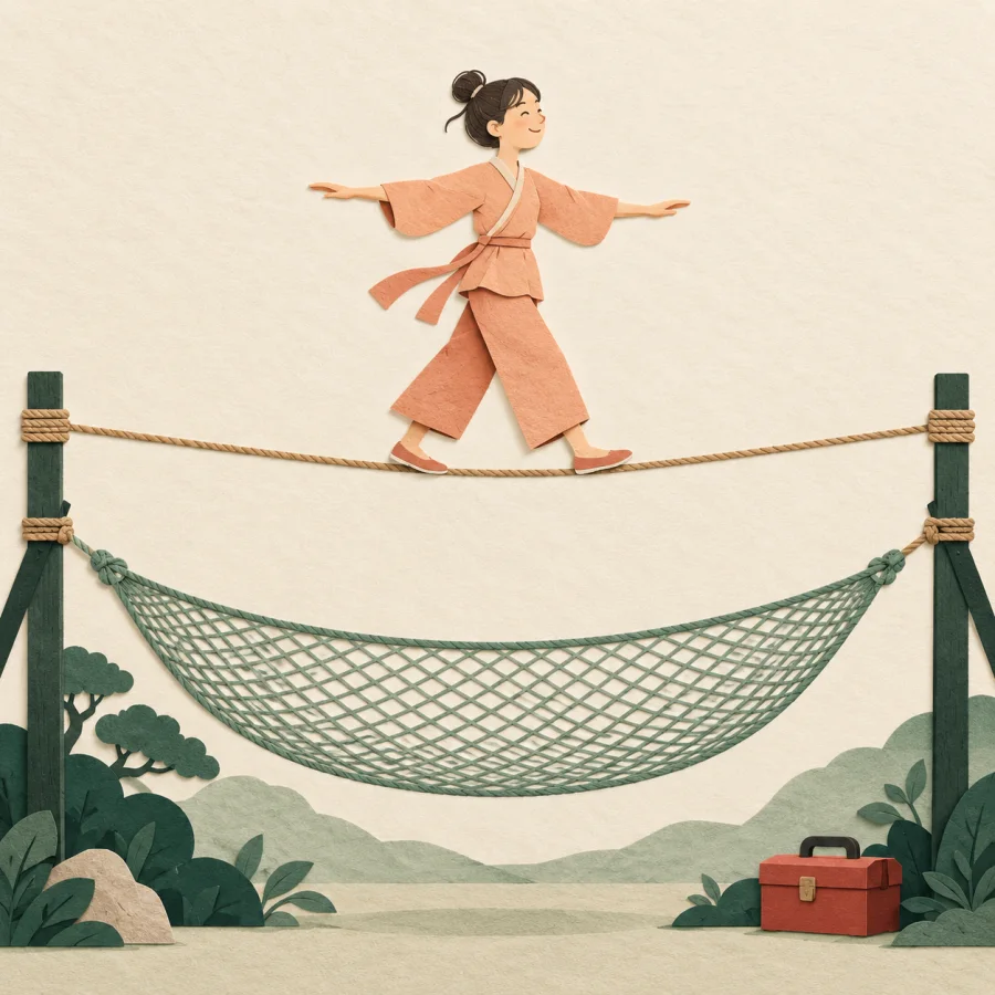 A tightrope walker crosses a rope with a safety net below