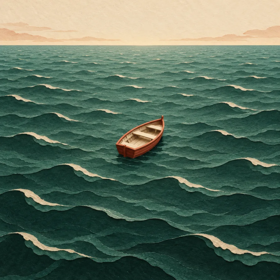 A tiny boat alone on a boundless sea without a shore
