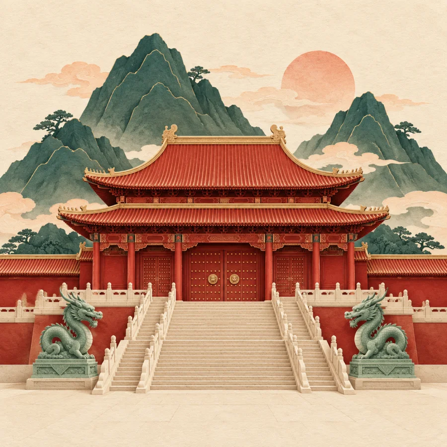 A cinnabar red ancient imperial palace silhouette against deep green mountains
