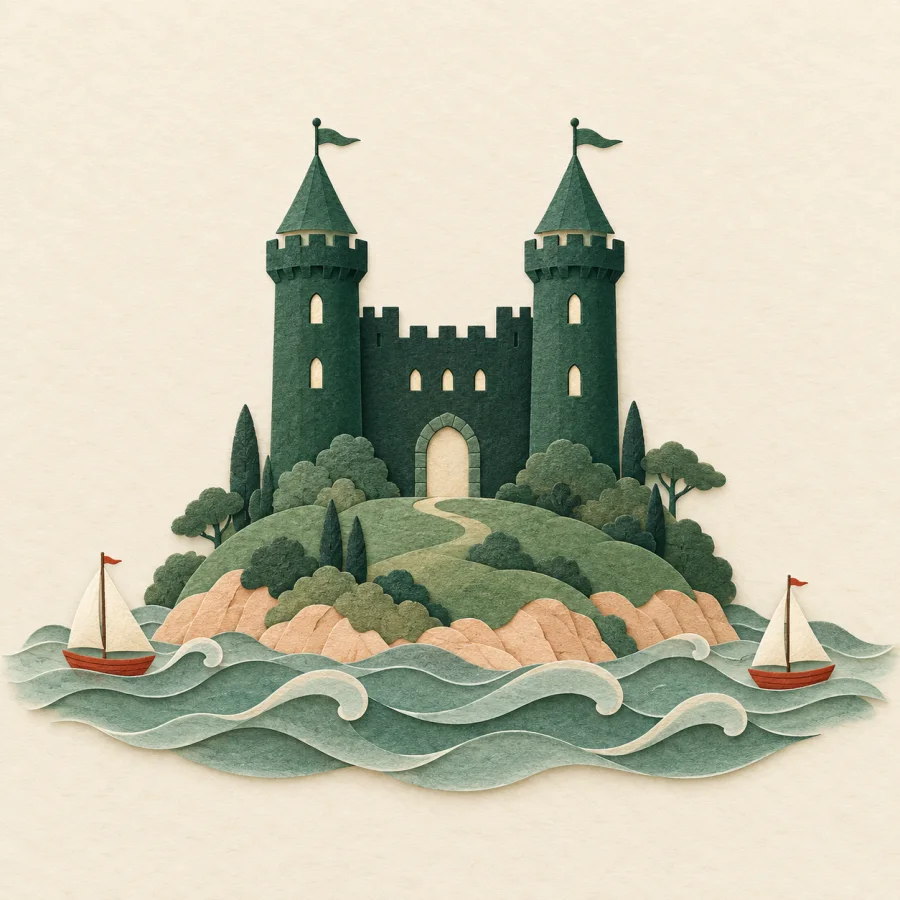 A castle on an island hill with waves and sailing boats