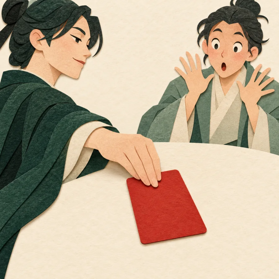 A player confidently placing a red card during a card game